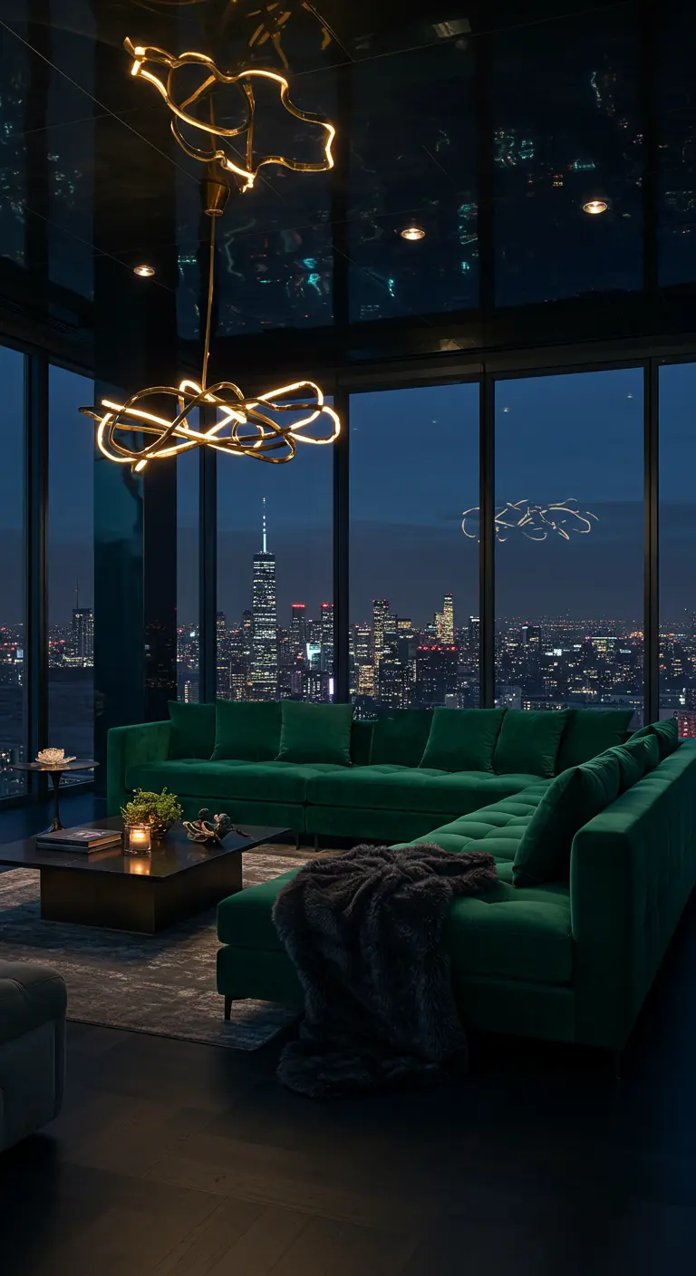 Modern penthouse met kamerhoge ramen, uitzicht op de stad, een groene hoekbank en glanzend plafond.