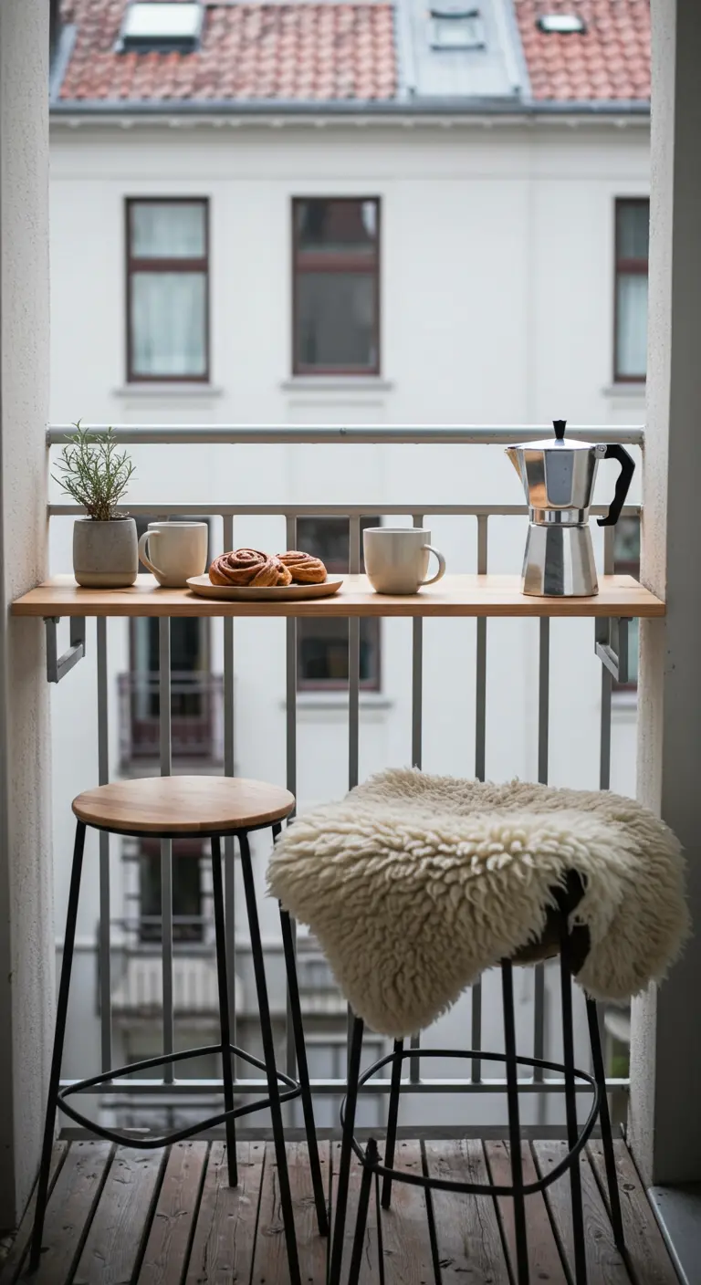 Smalle balkonbar aan de reling met twee krukken, koffie en kaneelbroodjes.