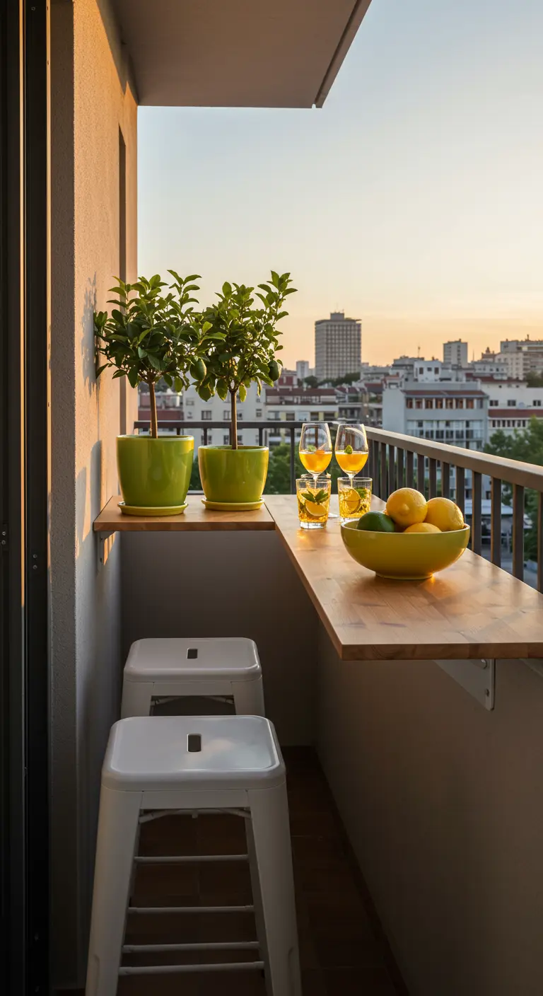 Smal balkon met een opklapbare bar, krukjes en citrusplanten in groene potten.
