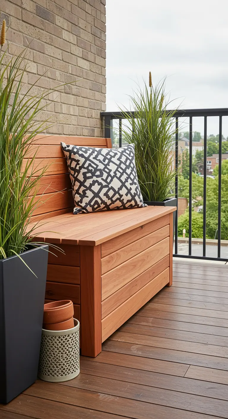 Houten opbergbank met een kussen en plantenbakken op een balkon met houten vlonder.
