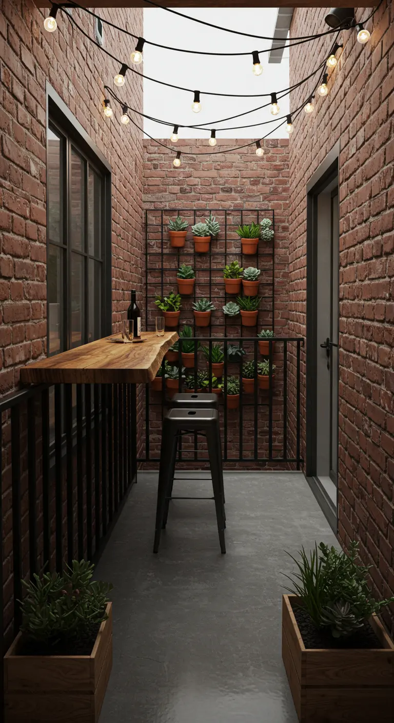 Smal industrieel balkon met bakstenen muren, een hangende houten bar en een plantenwand met vetplanten.