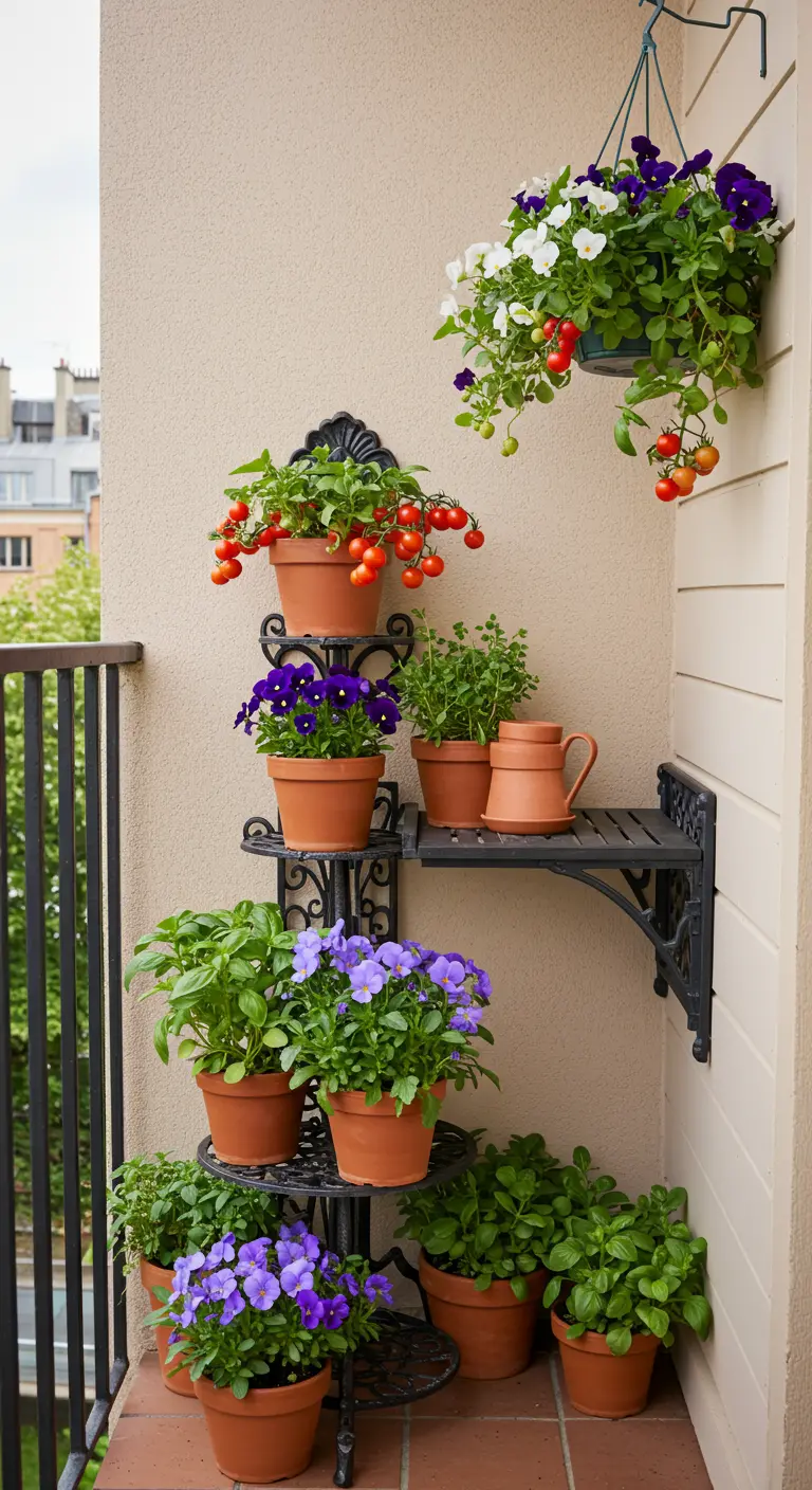 Gietijzeren hoek-etagère met tomaten, kruiden en viooltjes in terracotta potten.