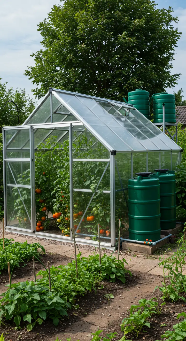 Groene regentonnen aangesloten op de dakgoot van een tuinkas.