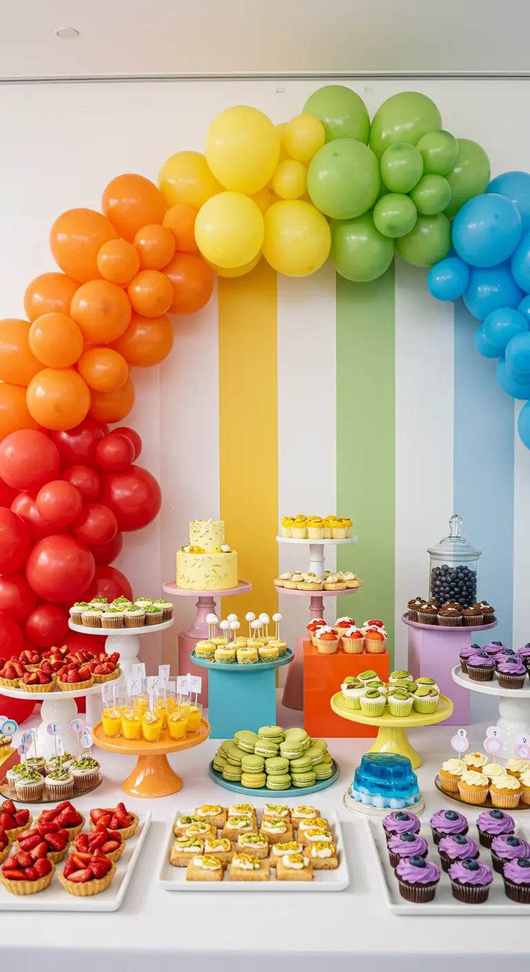 Buffettafel met regenboog-ballonboog en hapjes gesorteerd op kleur.