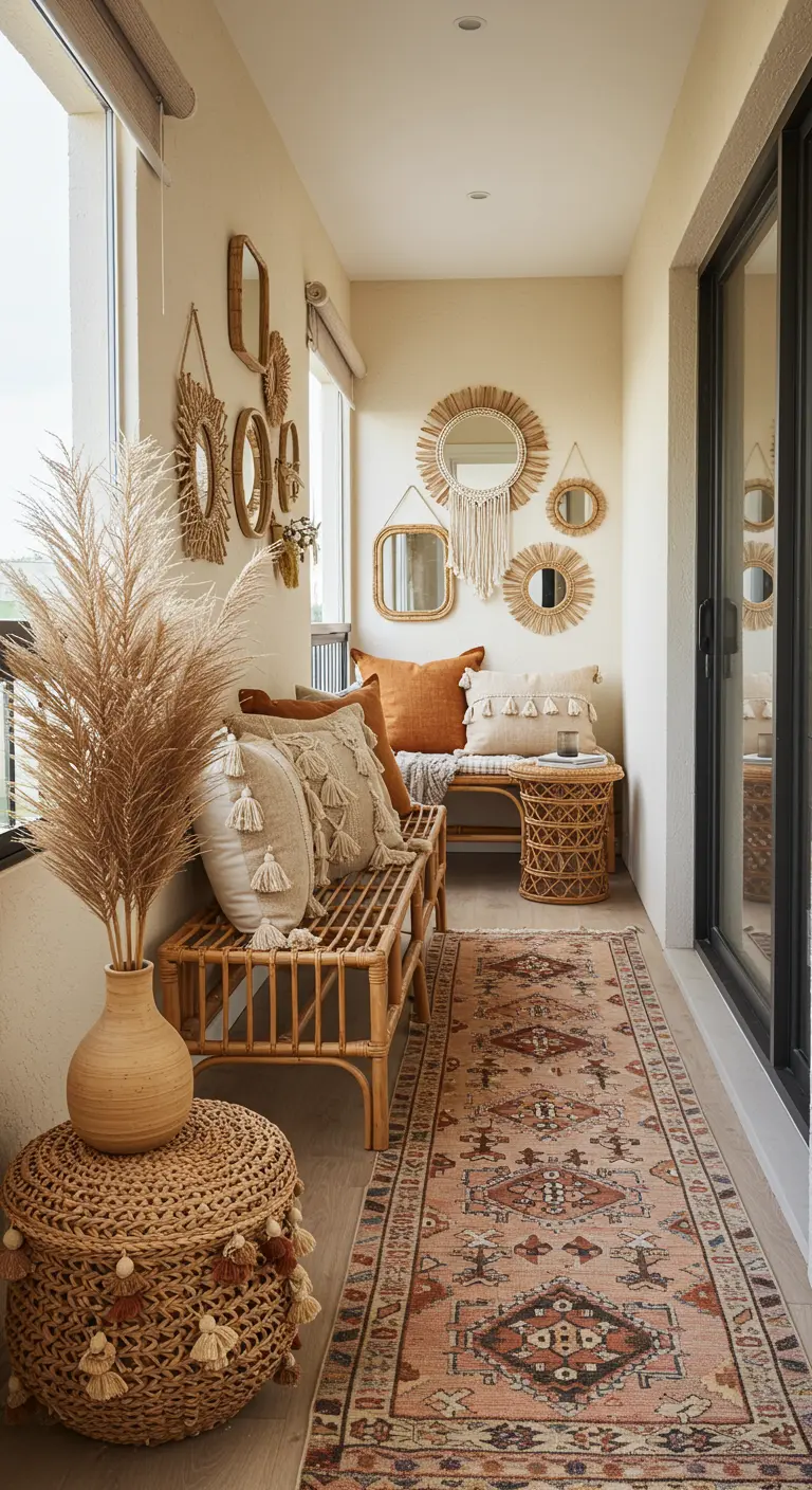 Smal boho-balkon met rotan bank, spiegelwand en een kleurrijk tapijt.