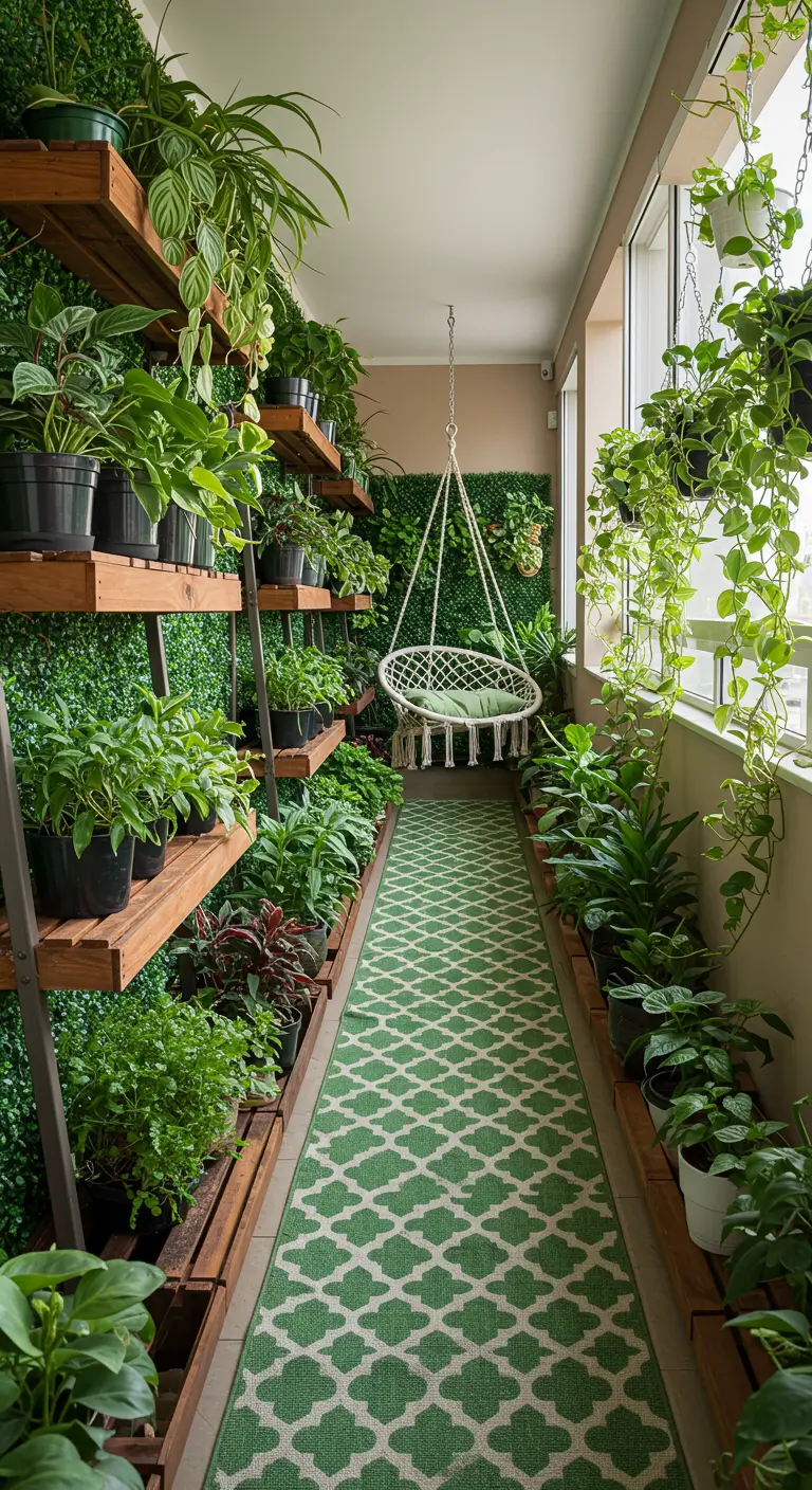 Smalle, lange balkon met een verticale plantenwand aan de ene kant en een hangstoel aan het einde.