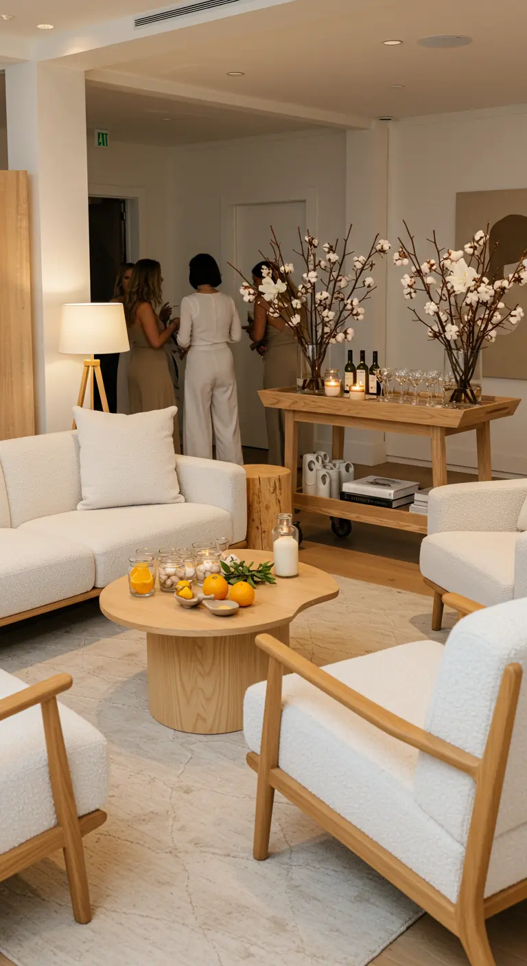 Woonkamer met een houten sidetable die is ingericht als drankjesbar voor een feestje.