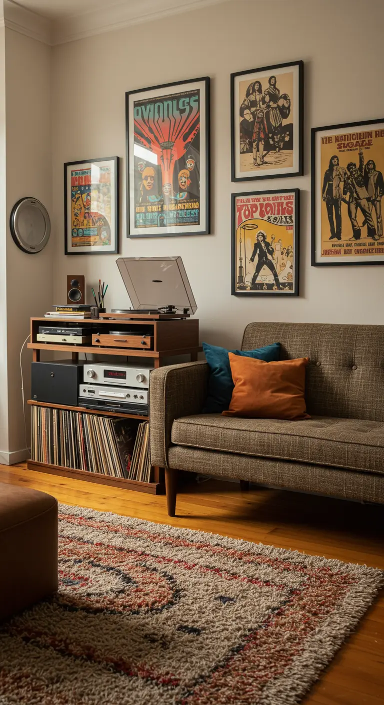 Muziekhoek met een platenspeler, LP-collectie en een galerijmuur vol vintage concertposters.