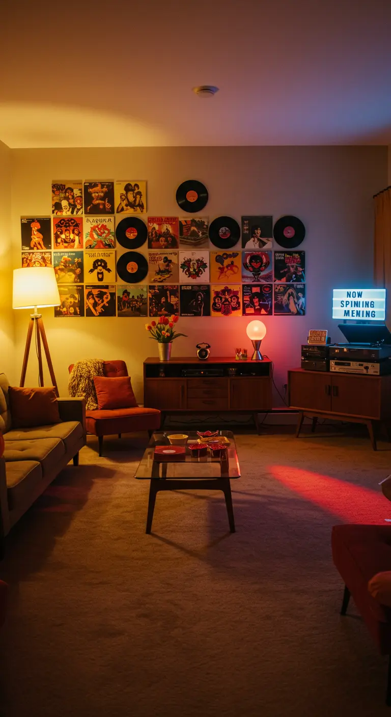 Retro woonkamer met een wand vol platenhoezen, een platenspeler en warm sfeerlicht.
