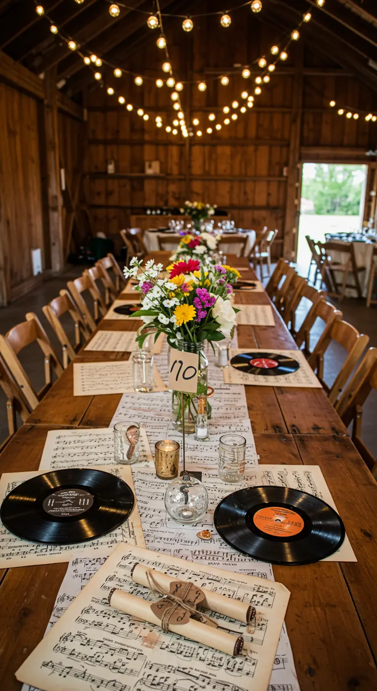 Houten dinertafel gedecoreerd met vinylplaten, bladmuziek en een veldboeket in een fles.