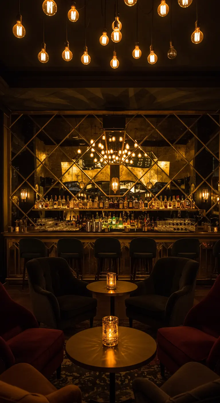 Sfeervolle bar in art-decostijl met een grote spiegelwand en warme verlichting.