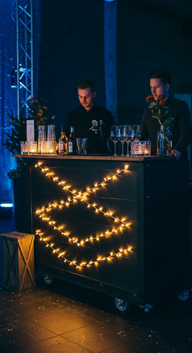 Zwarte mobiele bar met een lichtsnoer in een zigzagpatroon op de voorkant.