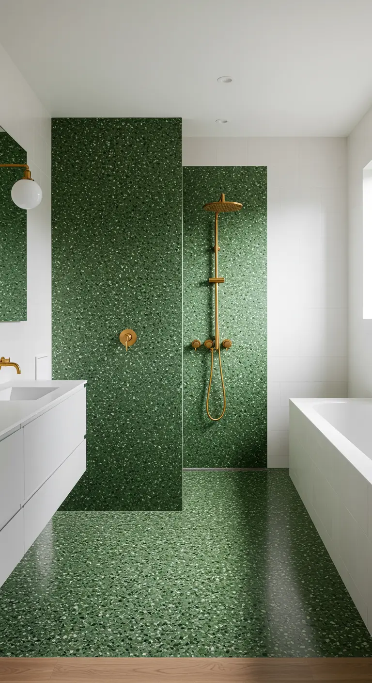 Badkamer met groene terrazzo vloer en douchewand, gecombineerd met gouden kranen.