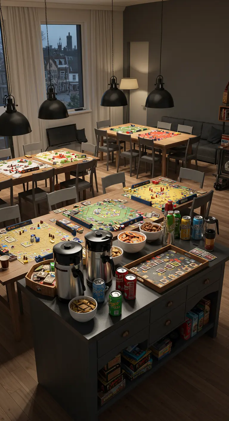 Woonkamer ingericht voor een spelletjesavond, met meerdere tafels met bordspellen en snacks.