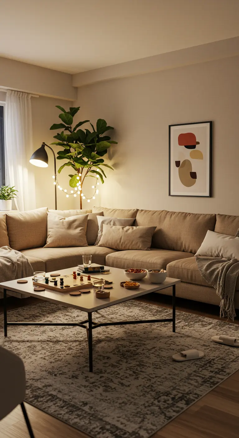 Woonkamer met een spelletjesbord op de koffietafel, snacks en zachte verlichting.