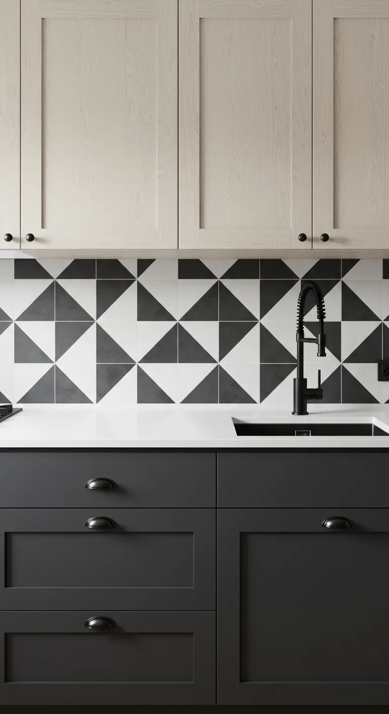 Keuken met lichte bovenkasten, donkere onderkasten en een opvallende zwart-witte tegelwand.