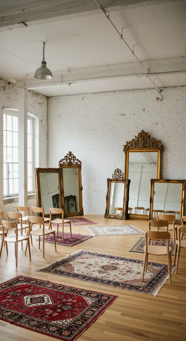 Ceremonie-opstelling in een witte loft met grote, vintage gouden spiegels als achtergrond.