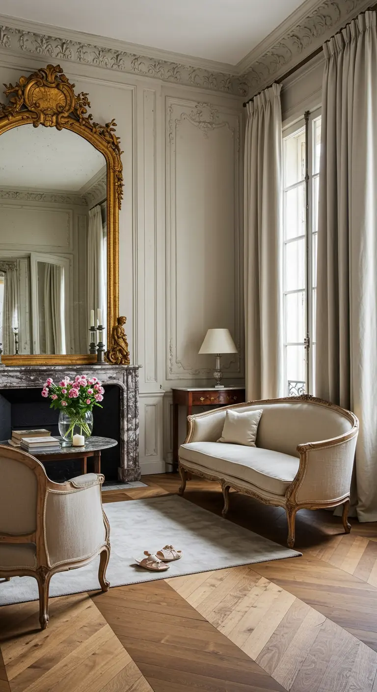Elegante woonkamer met een grote, vergulde antieke spiegel boven een marmeren schouw.