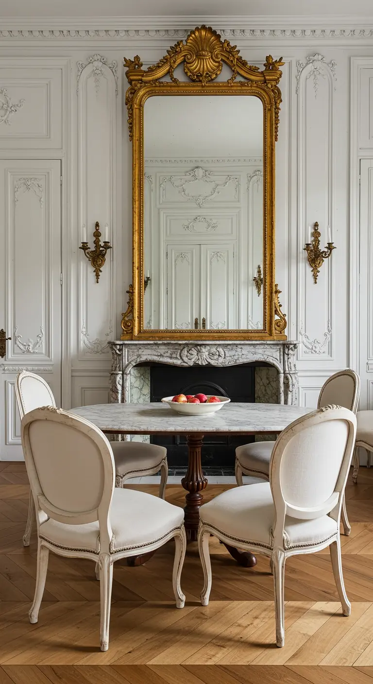 Elegante Parijse eetkamer met witte ornamenten, een grote gouden antieke spiegel boven een marmeren schouw, en witte stoelen.