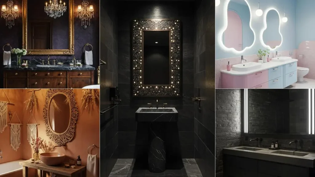 Badkamers met opvallende spiegels als pronkstuk en creatieve verlichting in diverse stijlen.