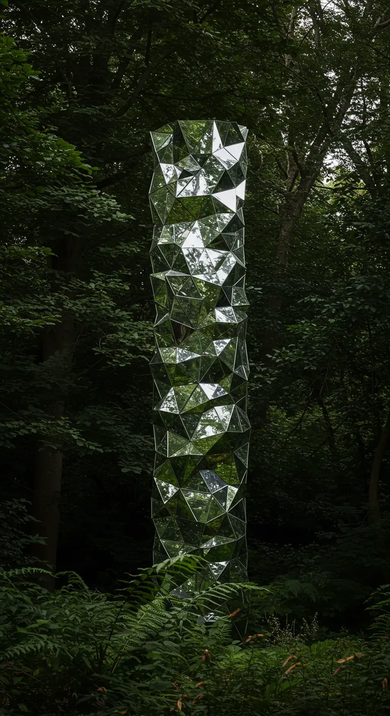 Hoge, hoekige spiegeltotem die het omringende groene bos reflecteert.