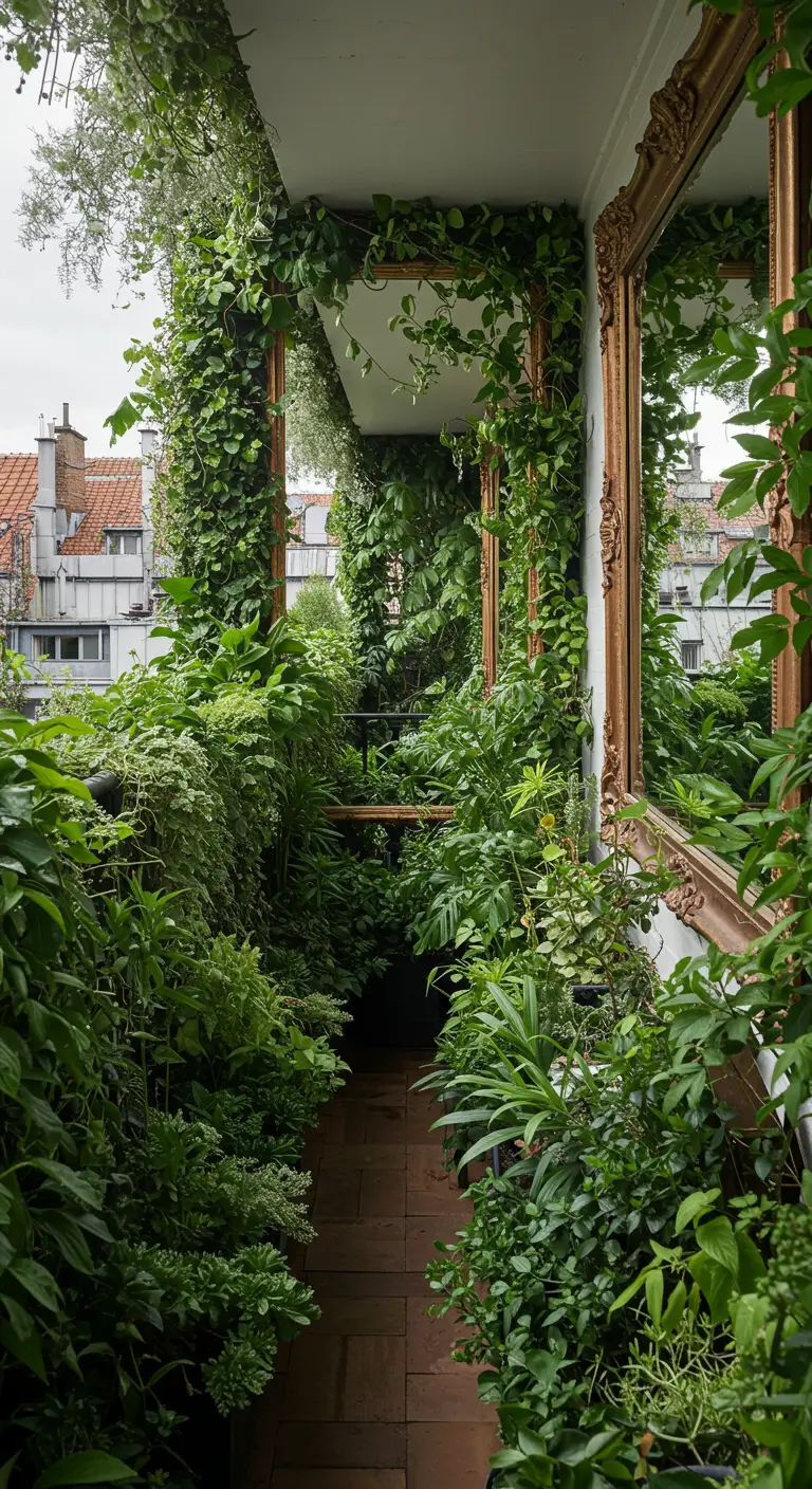 Smal, groen balkon waar grote spiegels met gouden lijsten de ruimte en planten verdubbelen.
