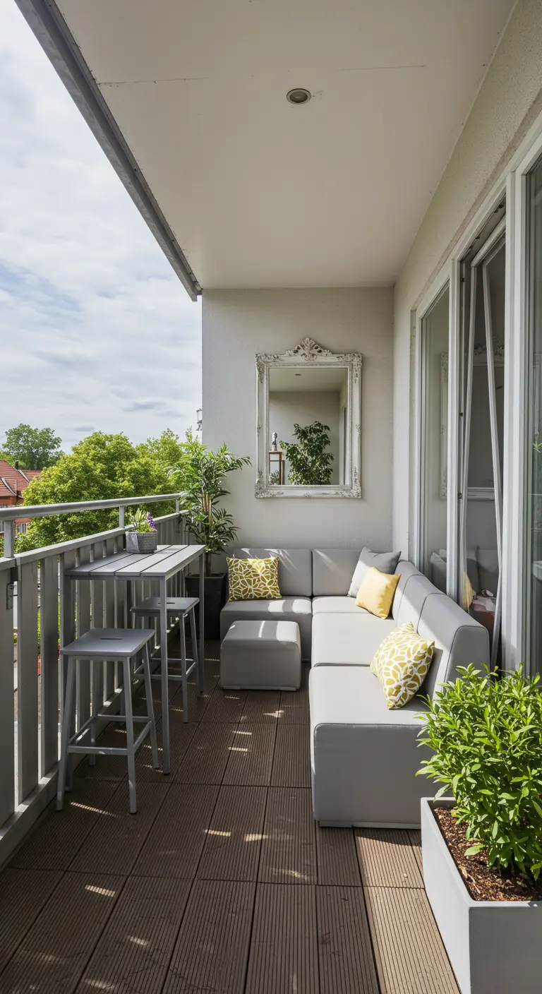 Modern balkon met een grijze hoekbank, een kleine eettafel en een grote, sierlijke spiegel aan de muur.