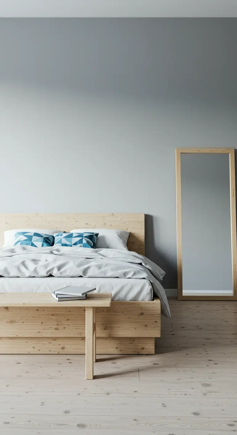 Minimalistische slaapkamer met een blond houten bed en een grote passpiegel tegen de muur.