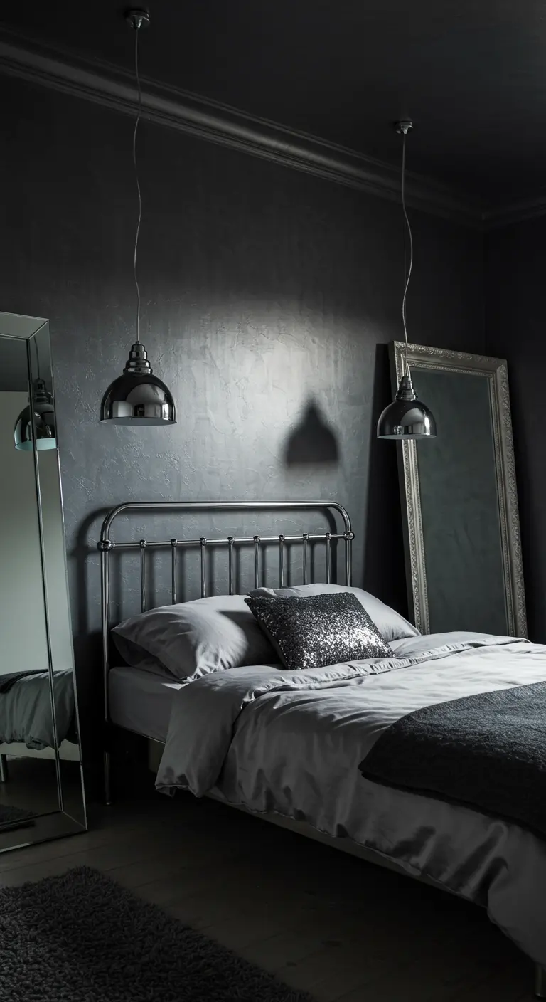 Donkergrijze slaapkamer met een metalen bedframe en een grote passpiegel die tegen de muur leunt.