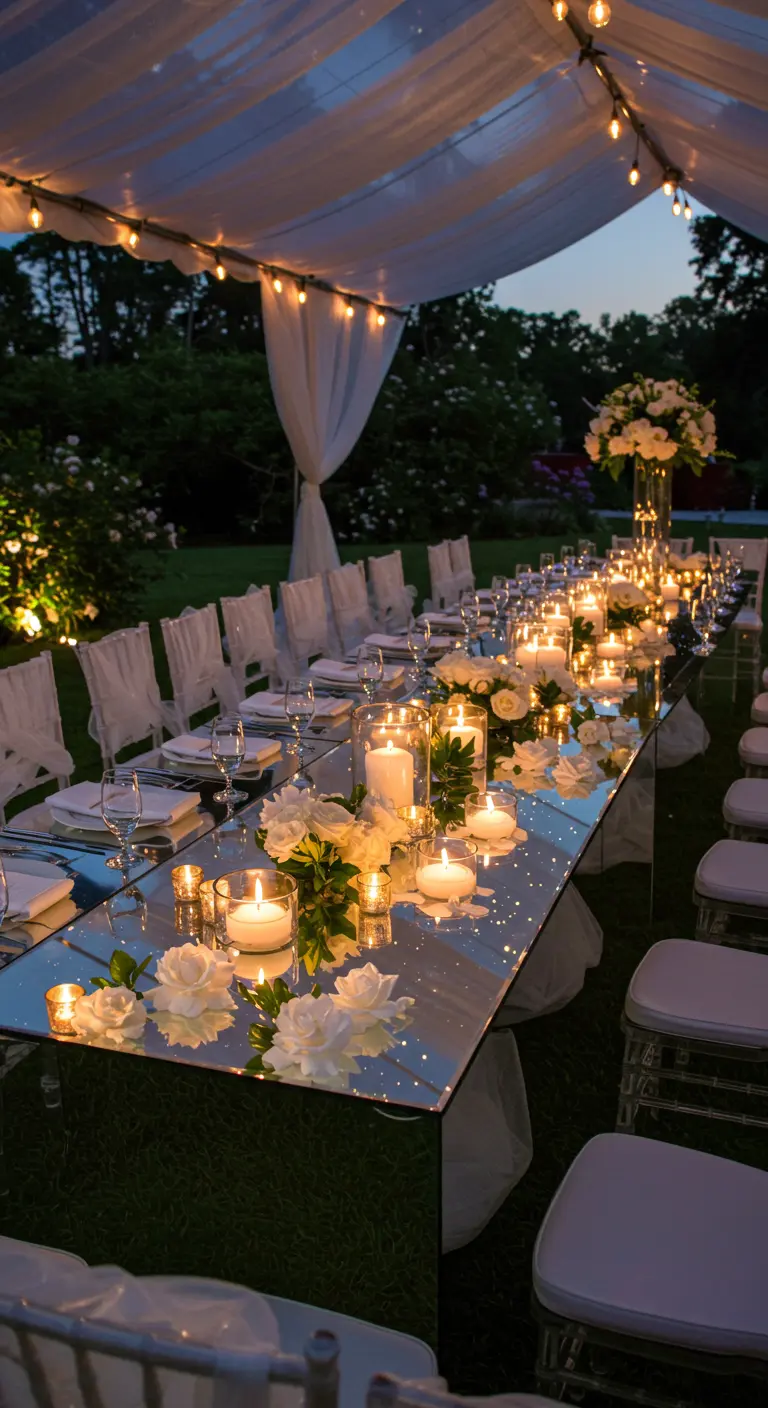 Lange spiegeltafel buiten die het kaarslicht en de witte bloemen reflecteert.