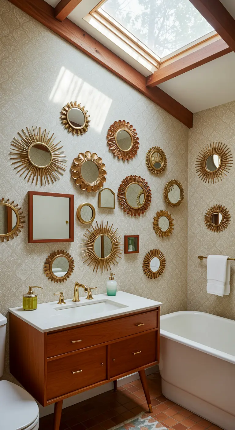 Eclectische badkamer met een muur vol verschillende kleine, goudkleurige zonnespiegels.