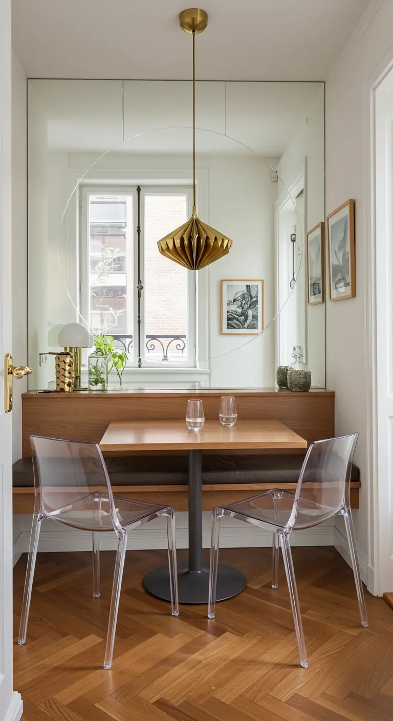 Compacte eethoek in een nis met een spiegelwand, houten bank en transparante stoelen.