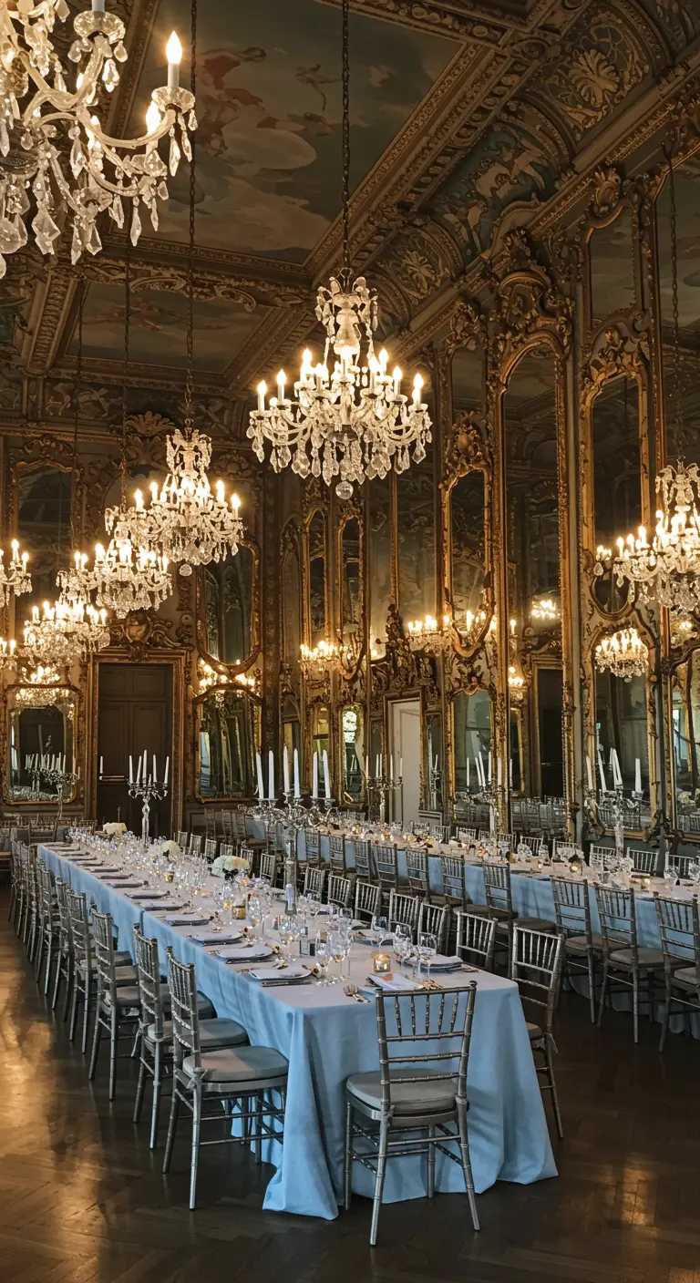 Lange, gedekte tafels in een weelderige spiegelzaal met kristallen kroonluchters en gouden details.