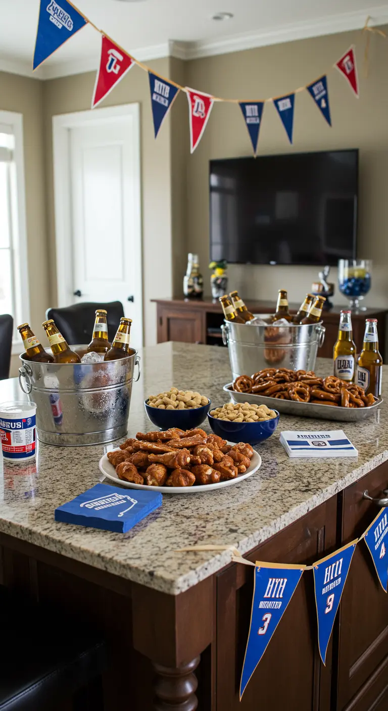 Keukeneiland met bier, snacks en vlaggetjes voor een sportwedstrijd.