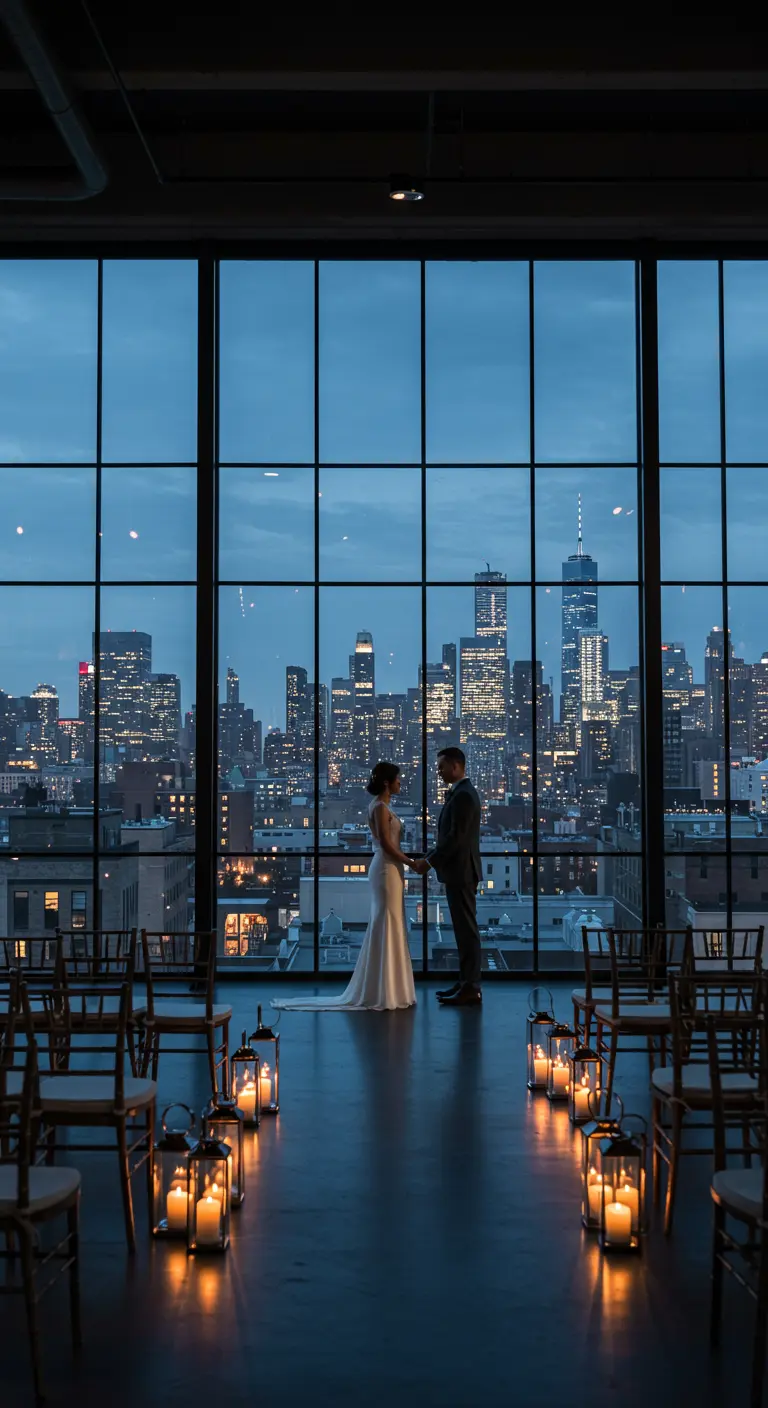 Bruidspaar voor een groot raam met uitzicht op de skyline van een stad bij avond.