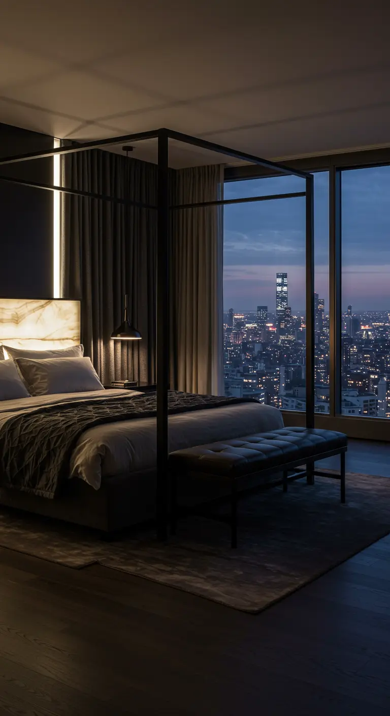 Strak zwart hemelbed in een modern appartement met uitzicht op een verlichte skyline.