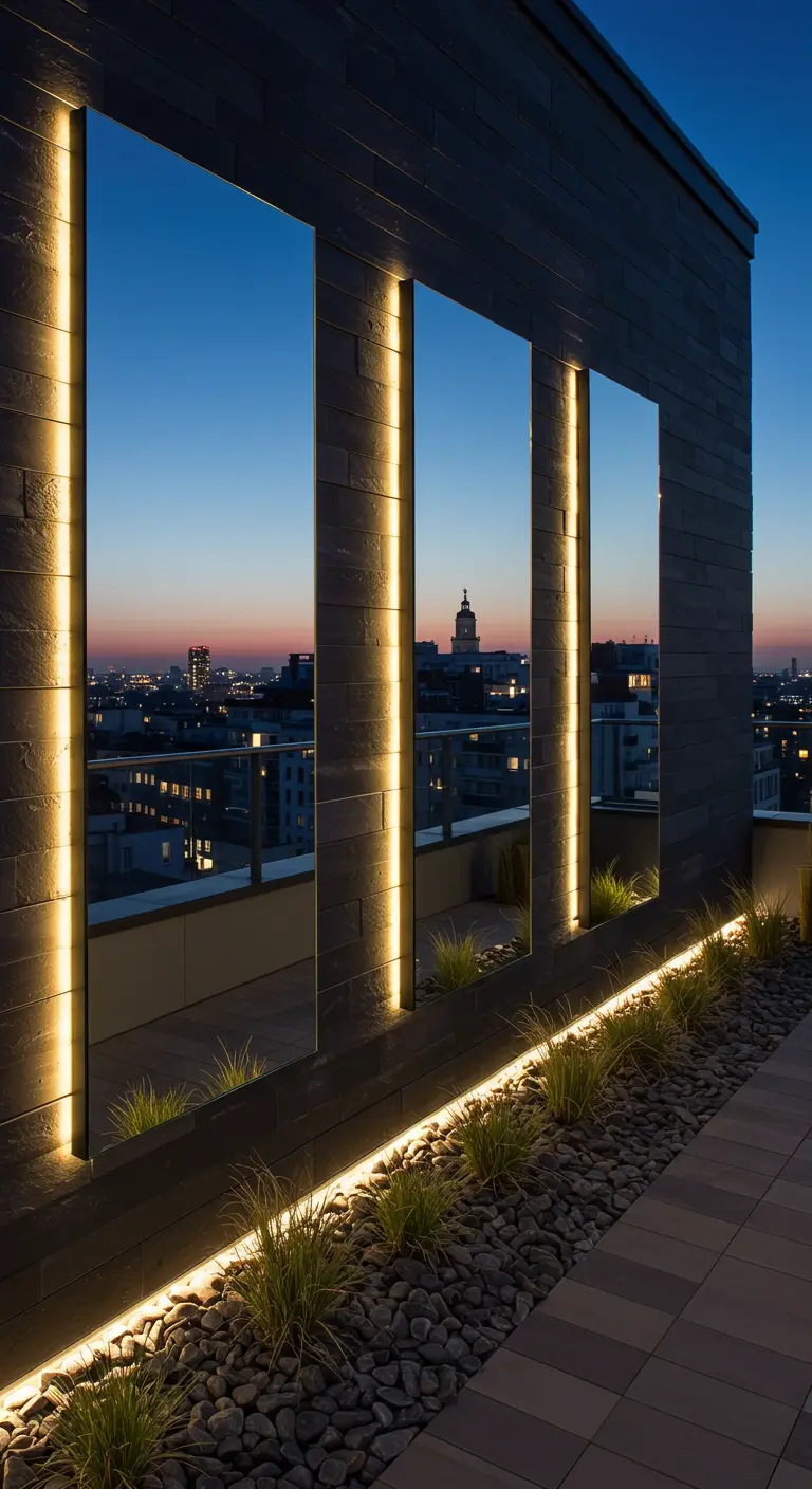 Stenen muur met grote openingen die de stad bij nacht tonen, verlicht met ledstrips.
