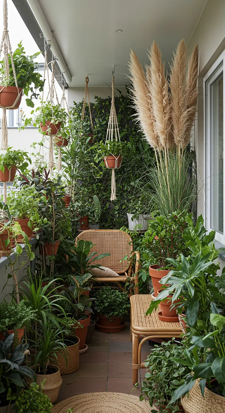 Weelderig balkon vol planten die een rotan stoel en tafeltje omringen.