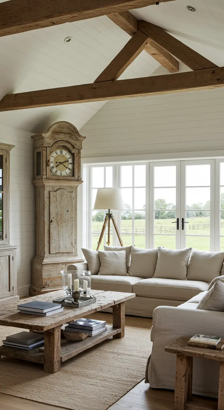 Landelijke woonkamer met een verweerde witte staande klok naast een groot raam.
