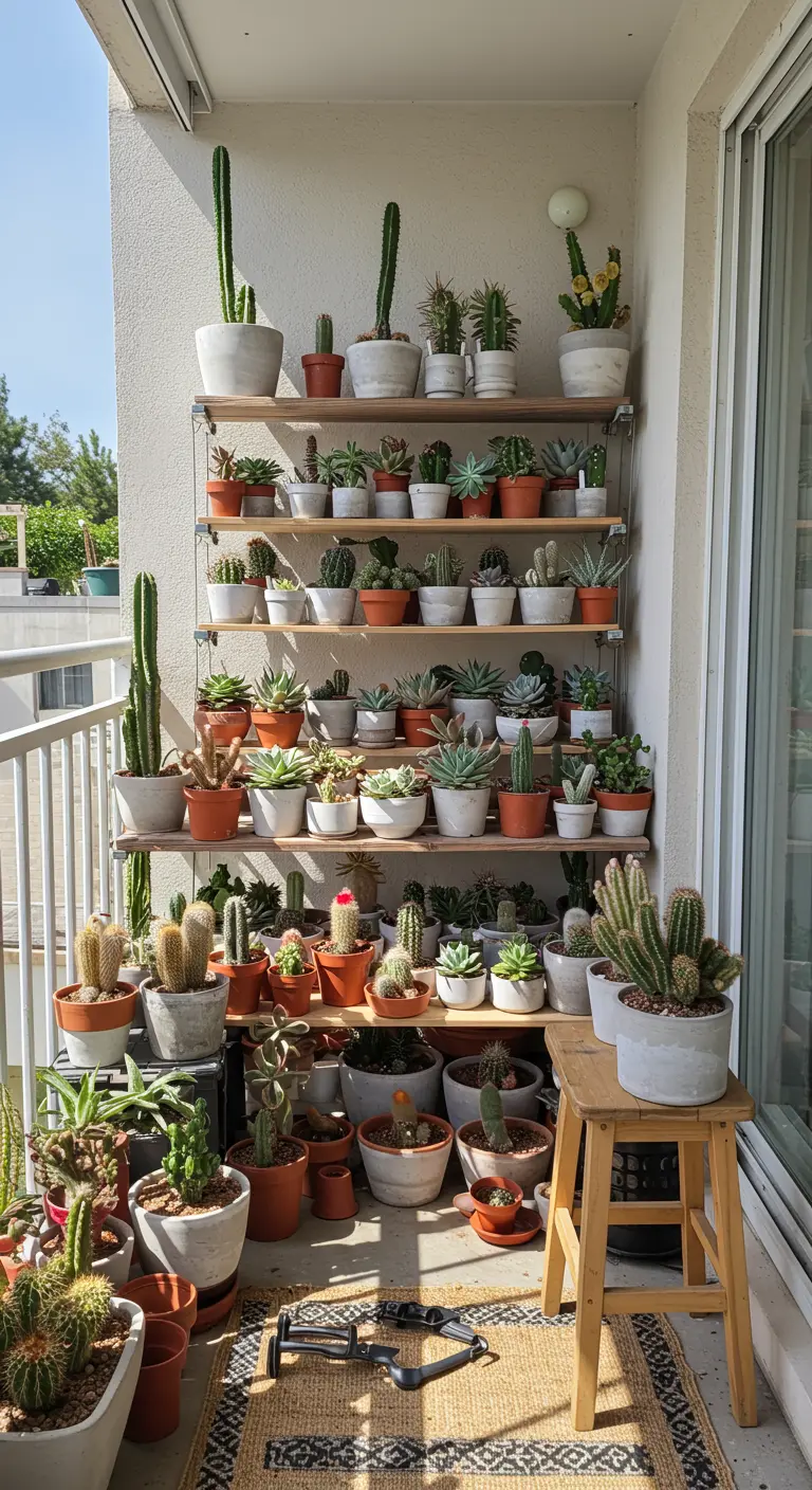 Balkon vol met planken met een grote verzameling cactussen en vetplanten in diverse potten.