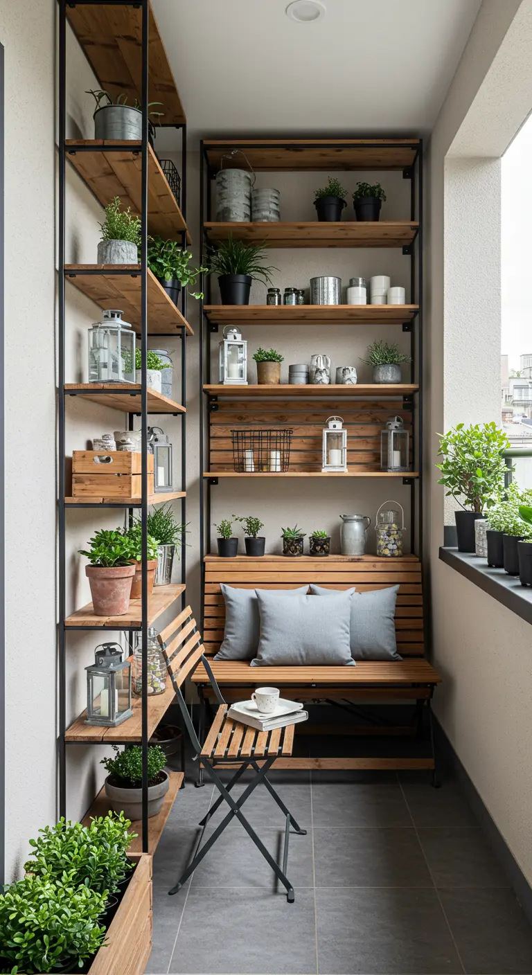 Smal balkon met een hoge, zwarte stellingkast vol planten, lantaarns en opbergkratten.