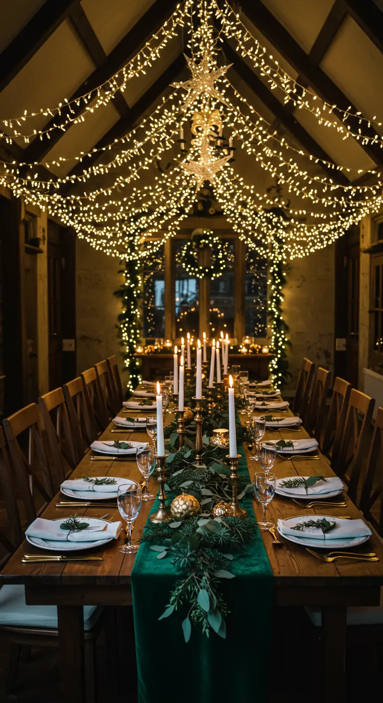 Lange eettafel met groene loper en kaarsen, onder een plafond van kerstlichtjes.