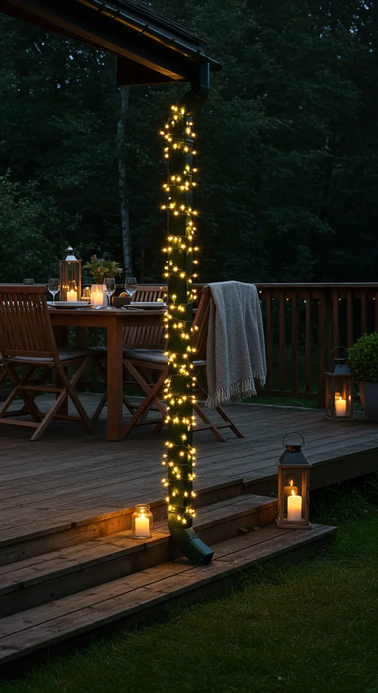Donkere regenpijp op een houten terras, omwikkeld met een sfeervolle lichtslinger met sterretjes.