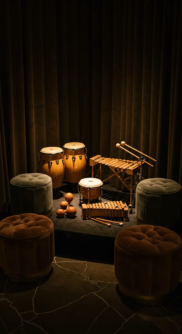 Elegante muziekhoek voor kinderen met houten percussie-instrumenten en velours poefs.