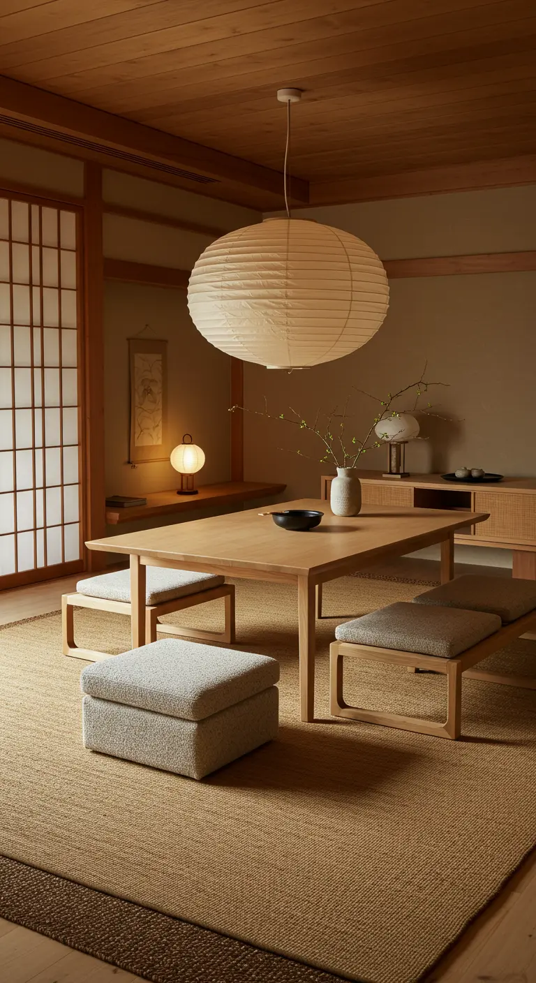 Minimalistische Japandi eetkamer met lage houten meubels op een groot, naturel sisal tapijt.
