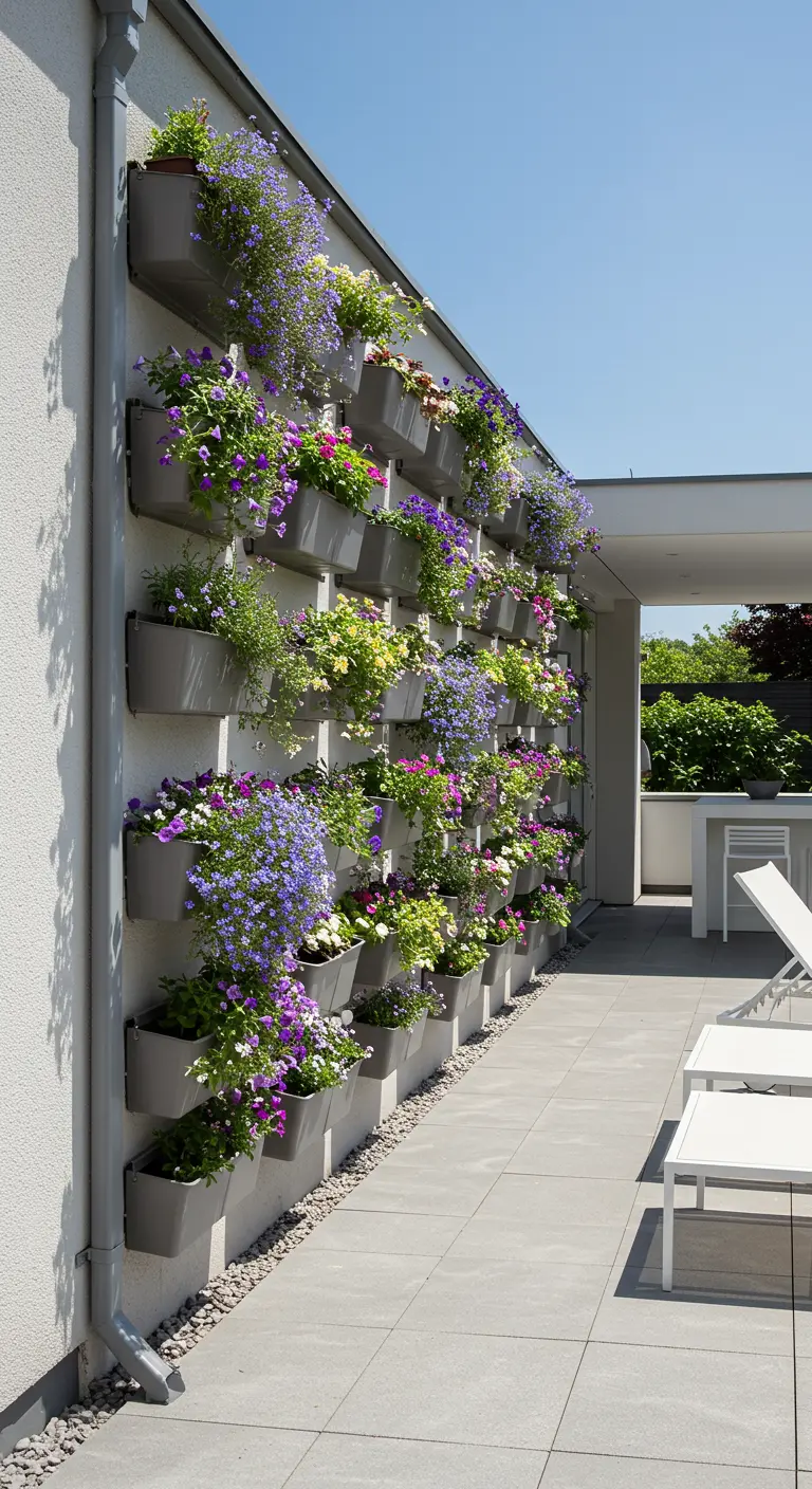 Grote plantenwand met grijze bakken vol bloemen, verticaal gescheiden door een regenpijp.