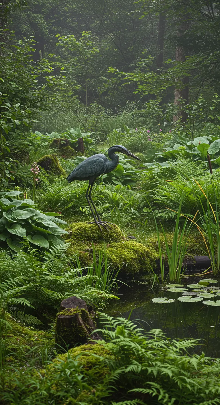 Levensecht beeld van een reiger in een mistig bos bij een kleine vijver.