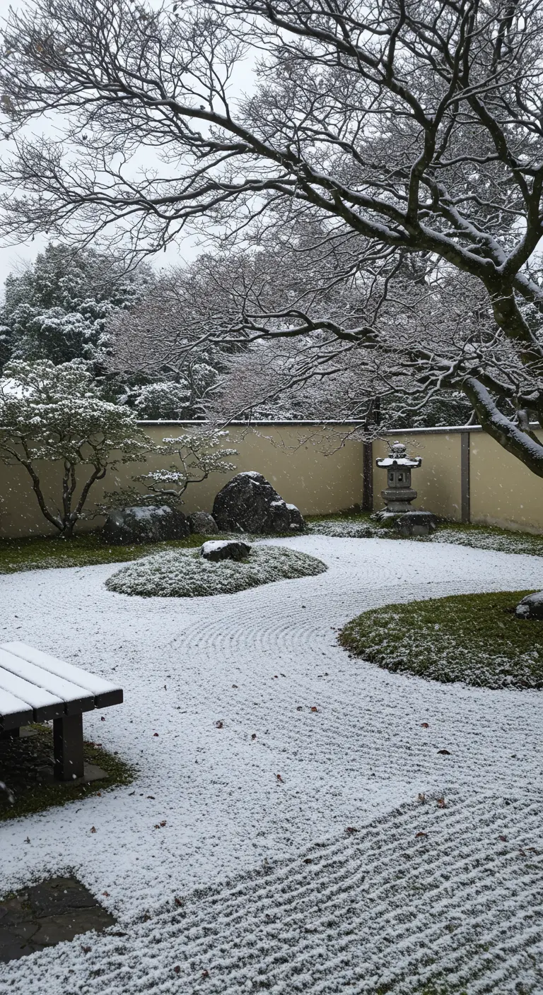 Japanse zentuin bedekt met een dun laagje sneeuw, waardoor de structuren zichtbaar zijn.