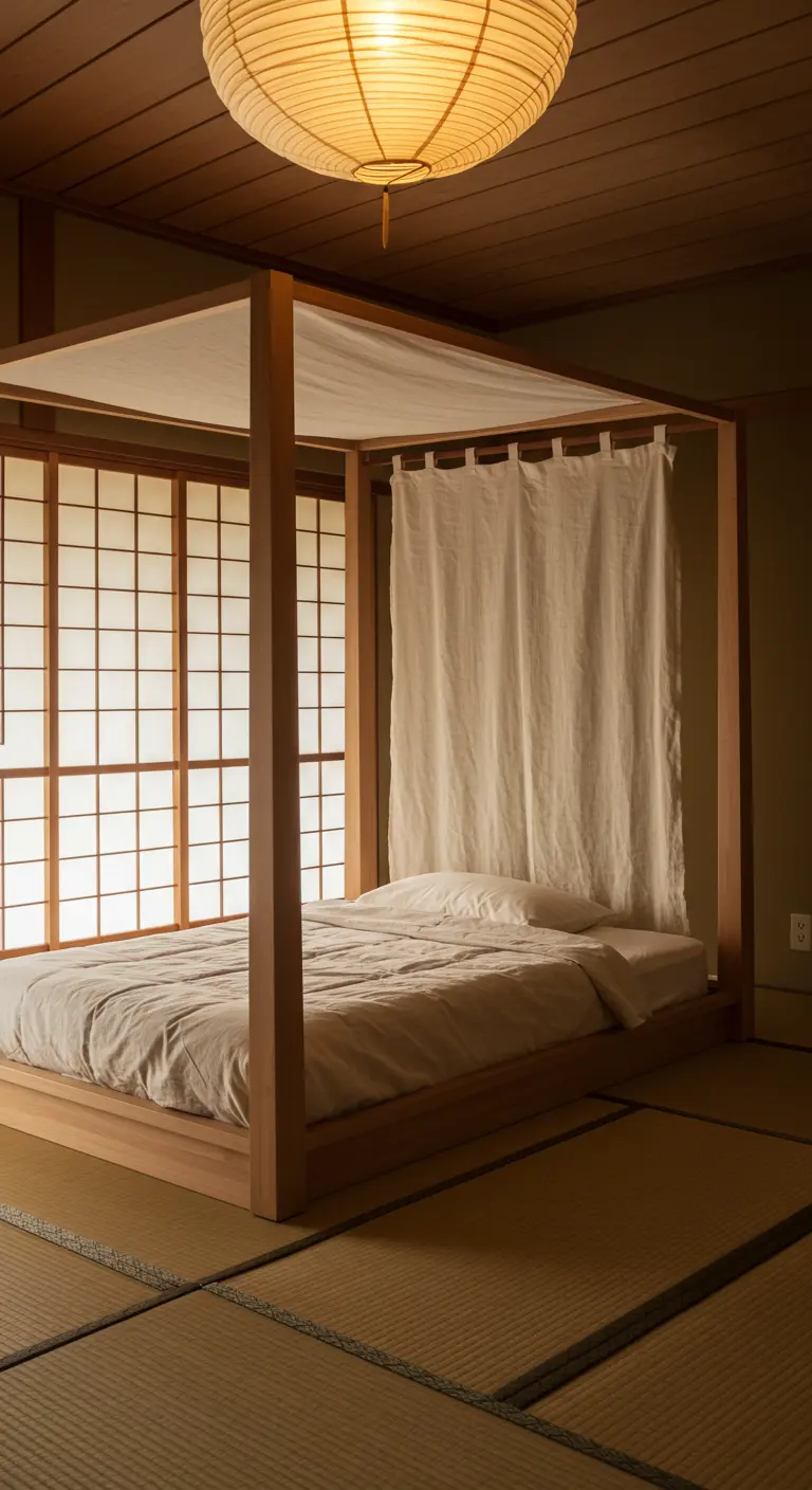 Strak houten hemelbed in een Japanse slaapkamer met een papieren lantaarn.