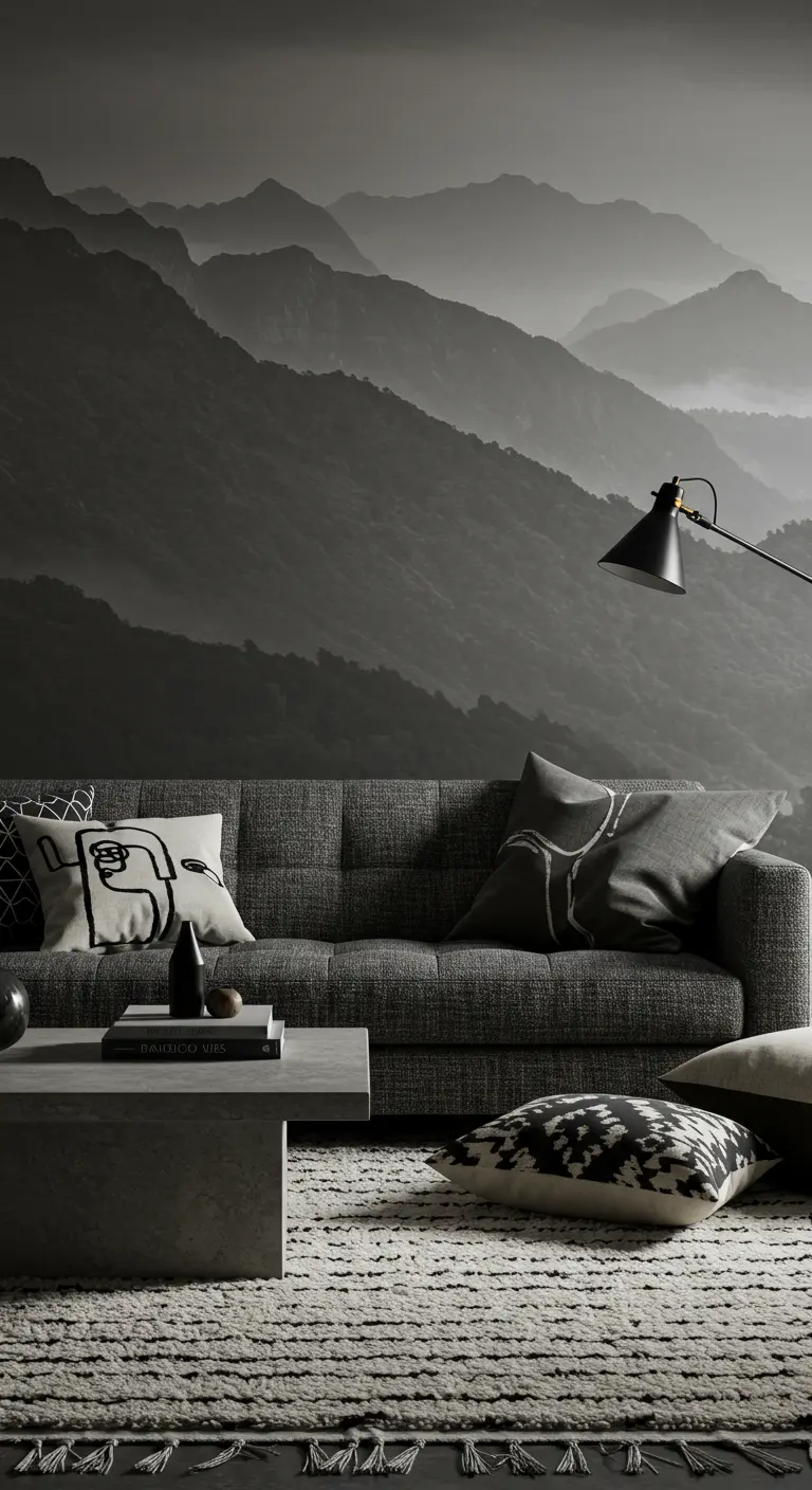 Monochrome woonkamer met een muurvullende foto van bergen en een grijze bank.